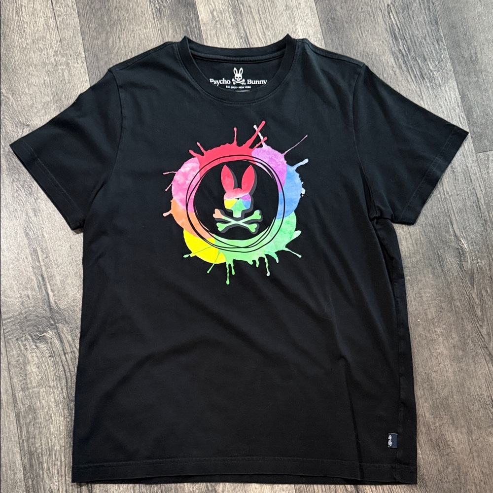 Psycho Bunny Black Short-Sleeve Tee with Rainbow Splash Logo